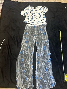 Women’s White Butterfly Print Swim Cover-Up Set with Blue Accents